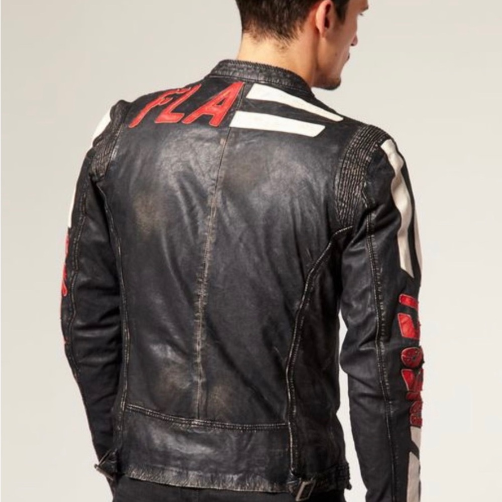 Men's Black Leather Jacket Diesel Daytona Fla Size L